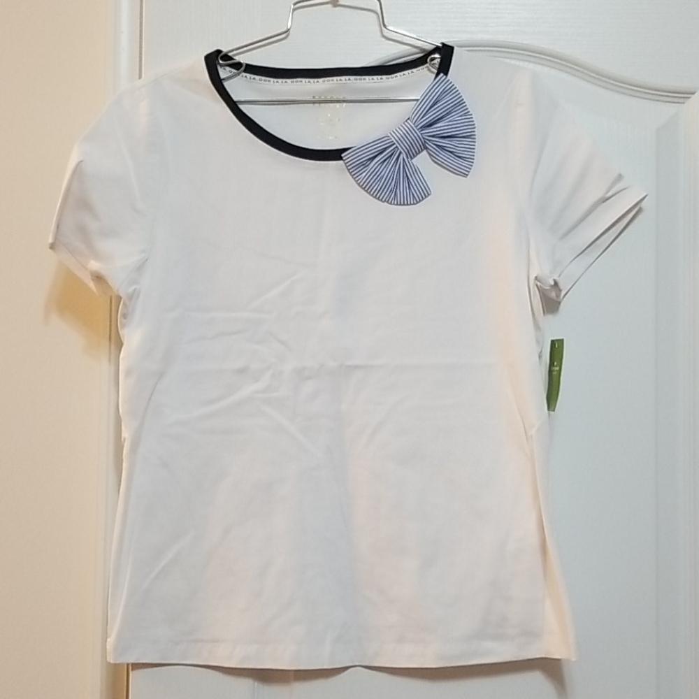 Kate Spade White Tee with Black Collar and Blue Bow